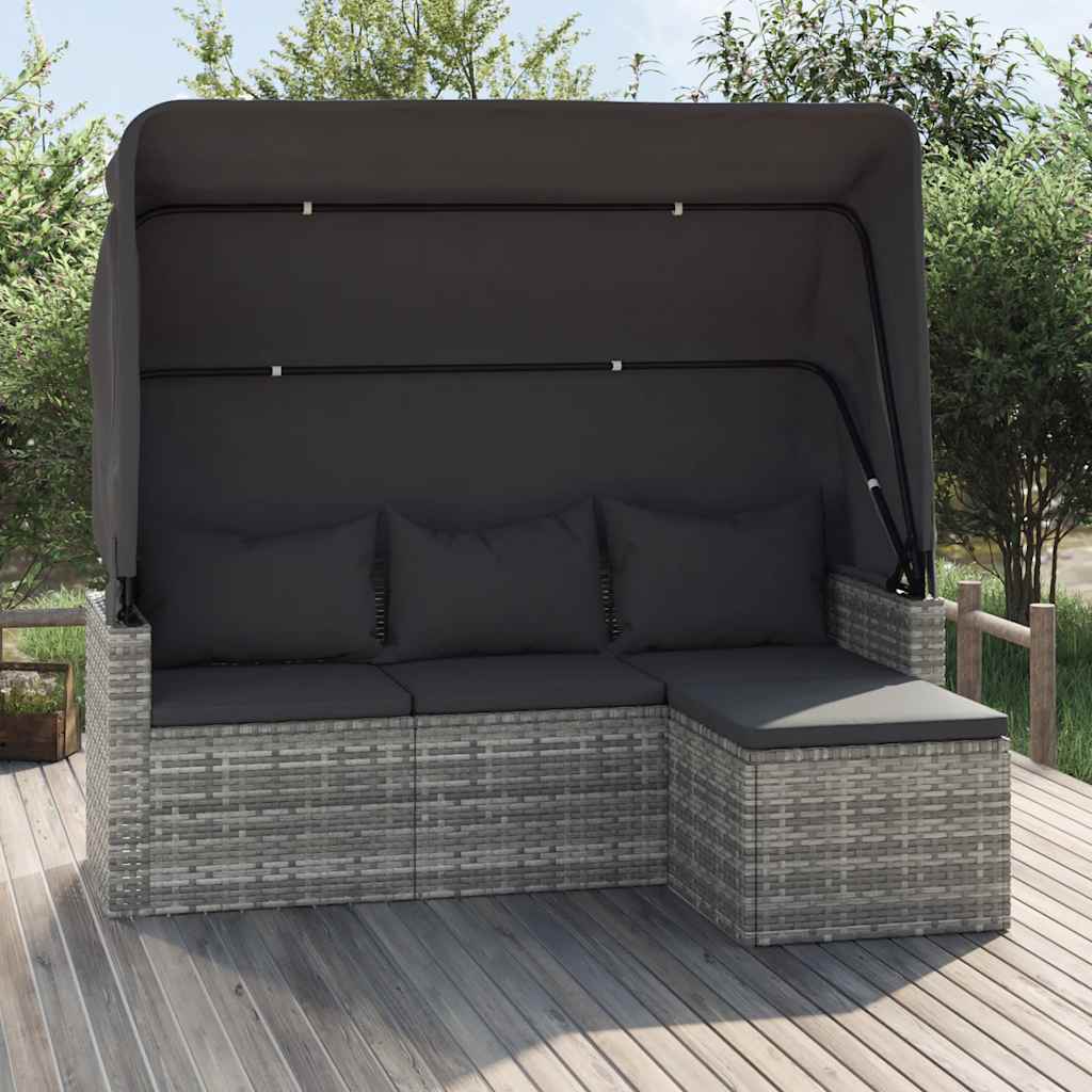 JUNG Vida 3-Sitzer-Gartensofa mit Dach und Fußhocker Grau Poly Rattan