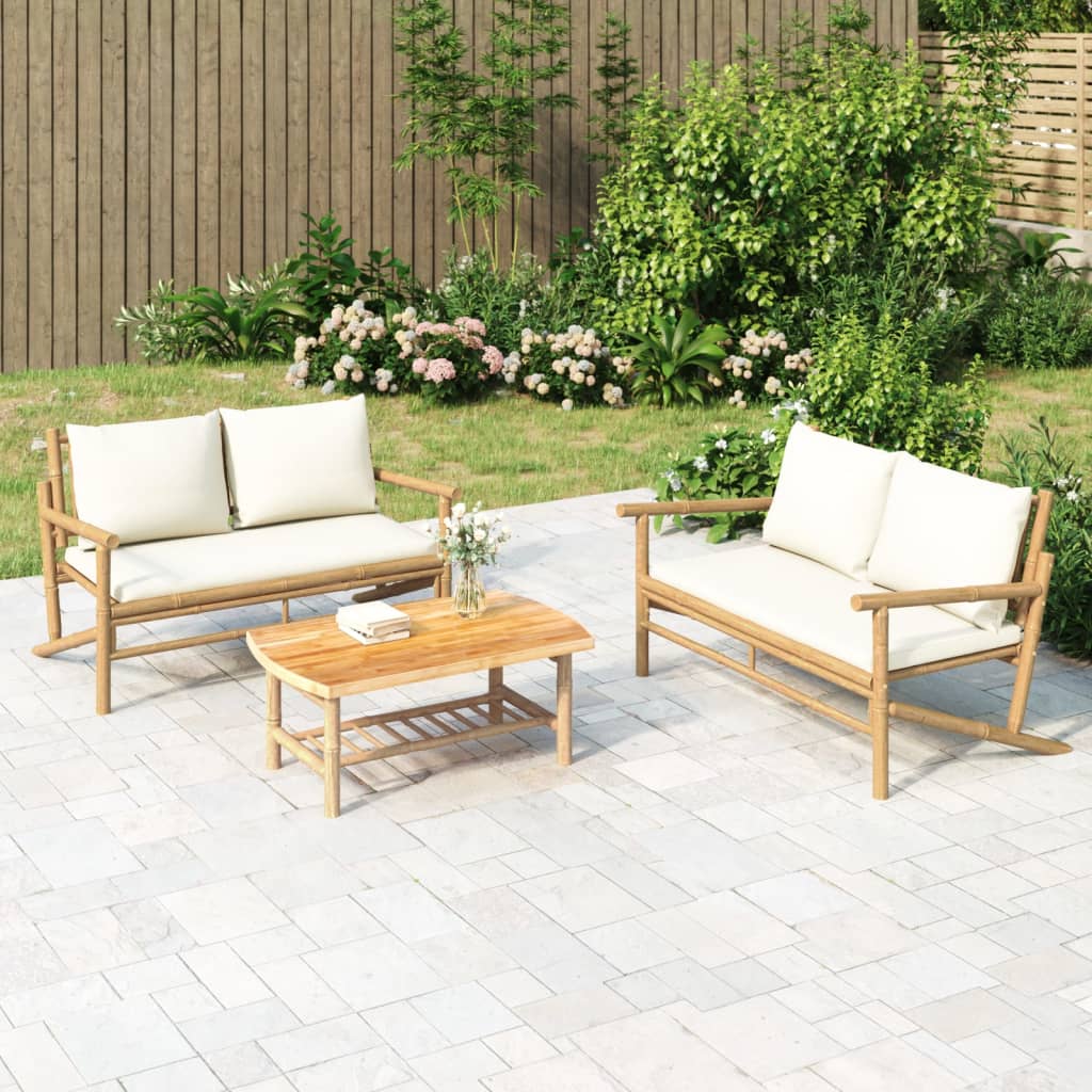 JUNG Vida 3-tlg. Garten-Lounge-Set mit Kissen Creme Bambus