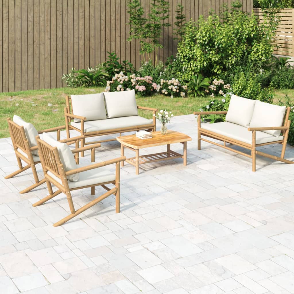 JUNG Vida 5-tlg. Garten-Lounge-Set mit Cremeweißen Kissen Bambus