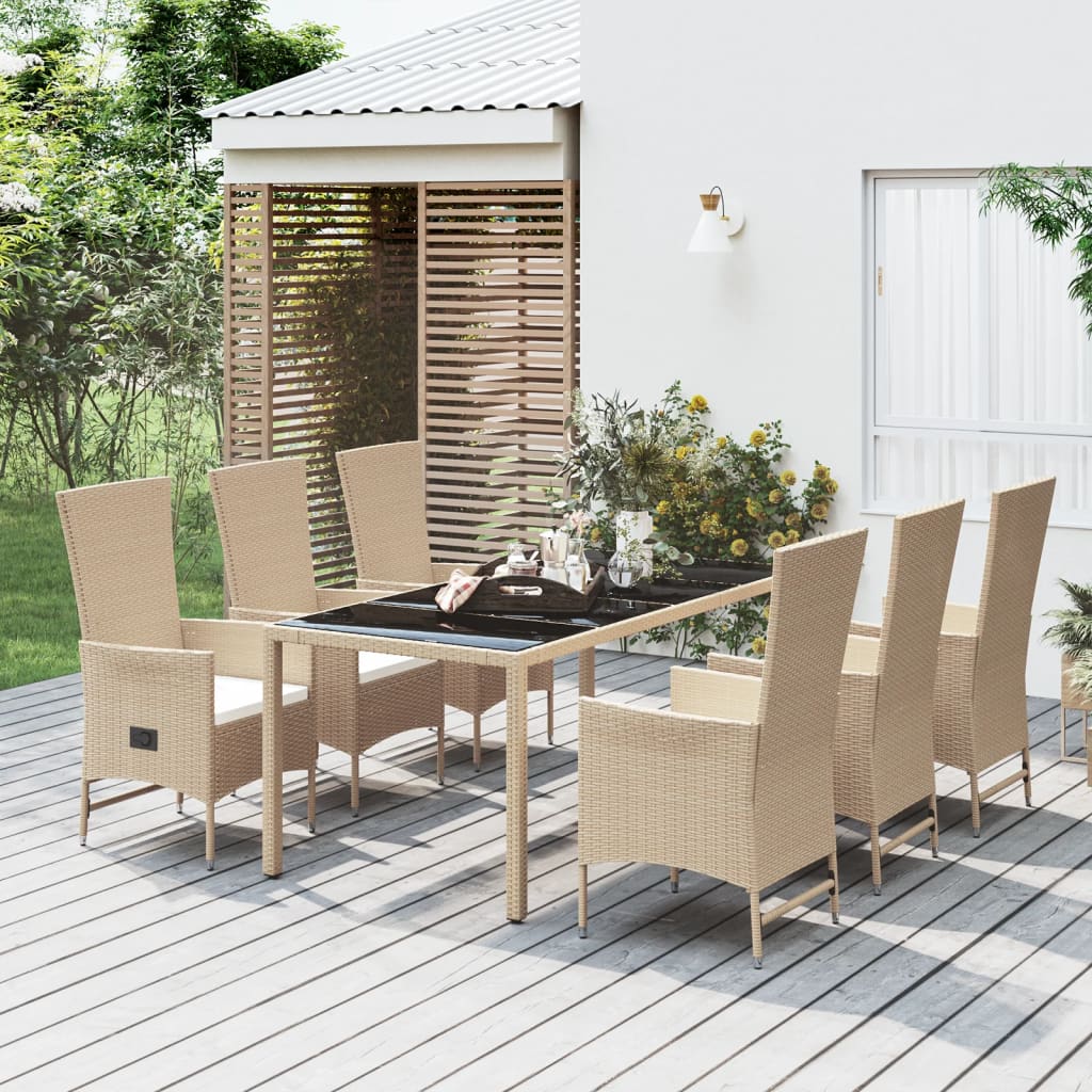 JUNG Vida 7-tlg. Garten-Essgruppe mit Kissen Beige Poly Rattan