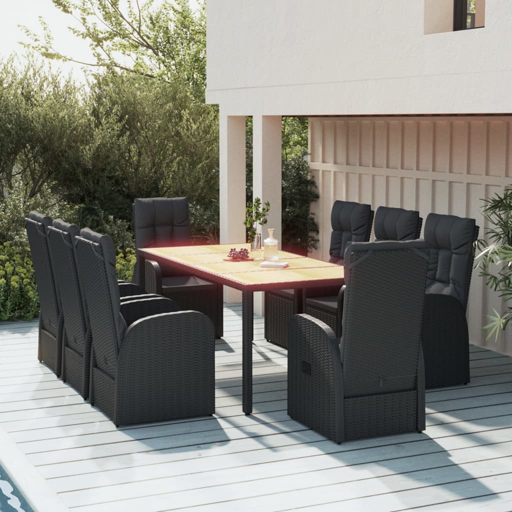 JUNG Vida 9-tlg. Garten-Essgruppe mit Kissen Schwarz Poly Rattan