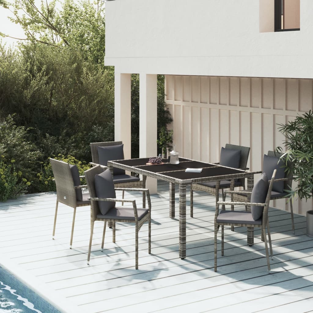 JUNG Vida 7-tlg. Garten-Essgruppe mit Kissen Grau Poly Rattan