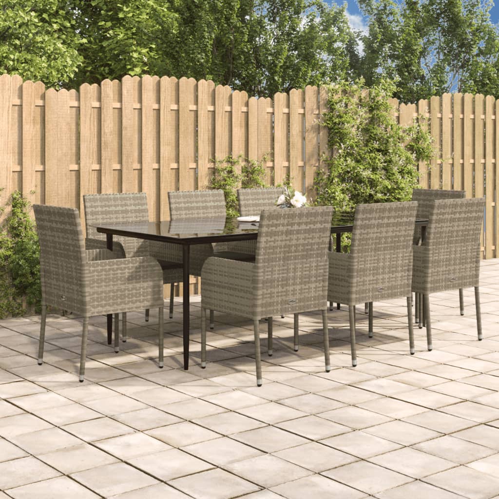 JUNG Vida 9-tlg. Garten-Essgruppe mit Kissen Schwarz und Grau Poly Rattan