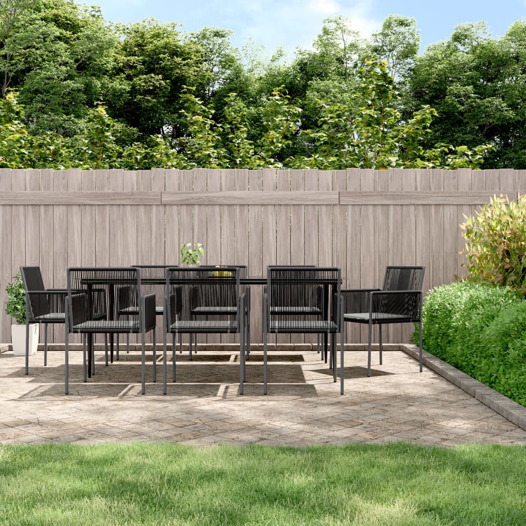 JUNG Vida 9-tlg. Garten-Essgruppe mit Kissen Schwarz Poly Rattan & Stahl