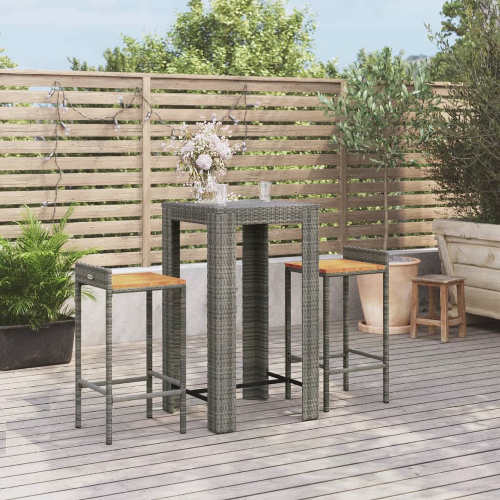 JUNG Vida 3-tlg. Gartenbar-Set Grau Poly Rattan & Massivholz Akazie
