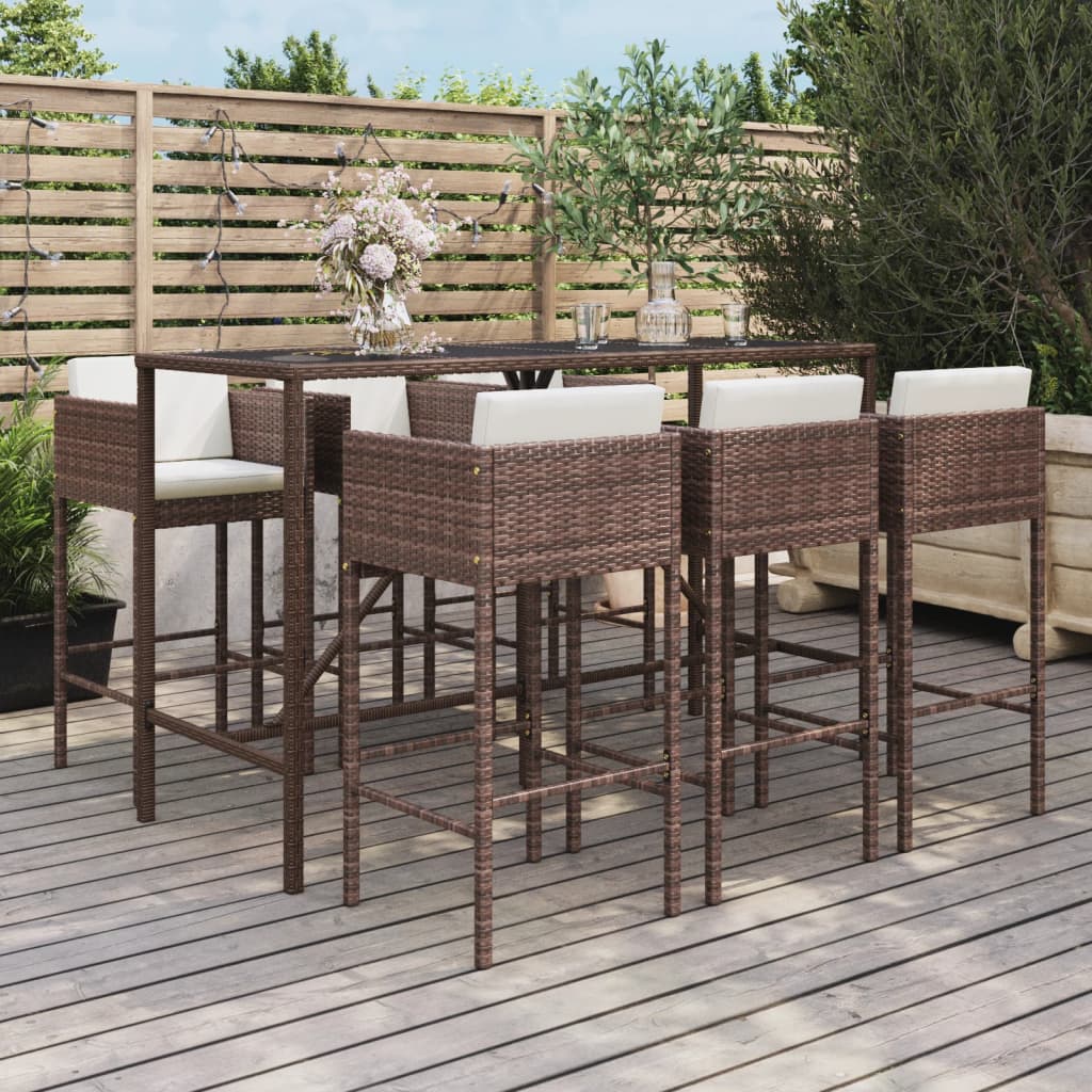 JUNG Vida 7-tlg. Gartenbar-Set mit Kissen Braun Poly Rattan