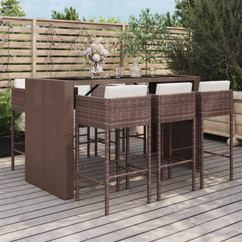 JUNG Vida 7-tlg. Gartenbar-Set mit Kissen Braun Poly Rattan