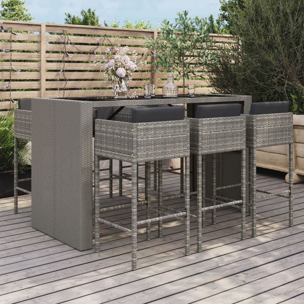 JUNG Vida 7-tlg. Gartenbar-Set mit Kissen Grau Poly Rattan