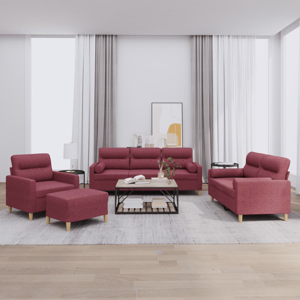 JUNG Vida 4-tlg. Sofagarnitur mit Kissen Weinrot Stoff