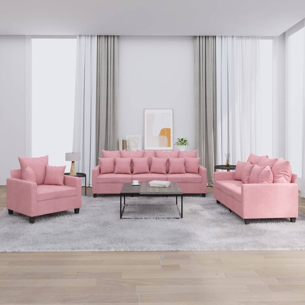 JUNG Vida 3-tlg. Sofagarnitur mit Kissen Rosa Samt