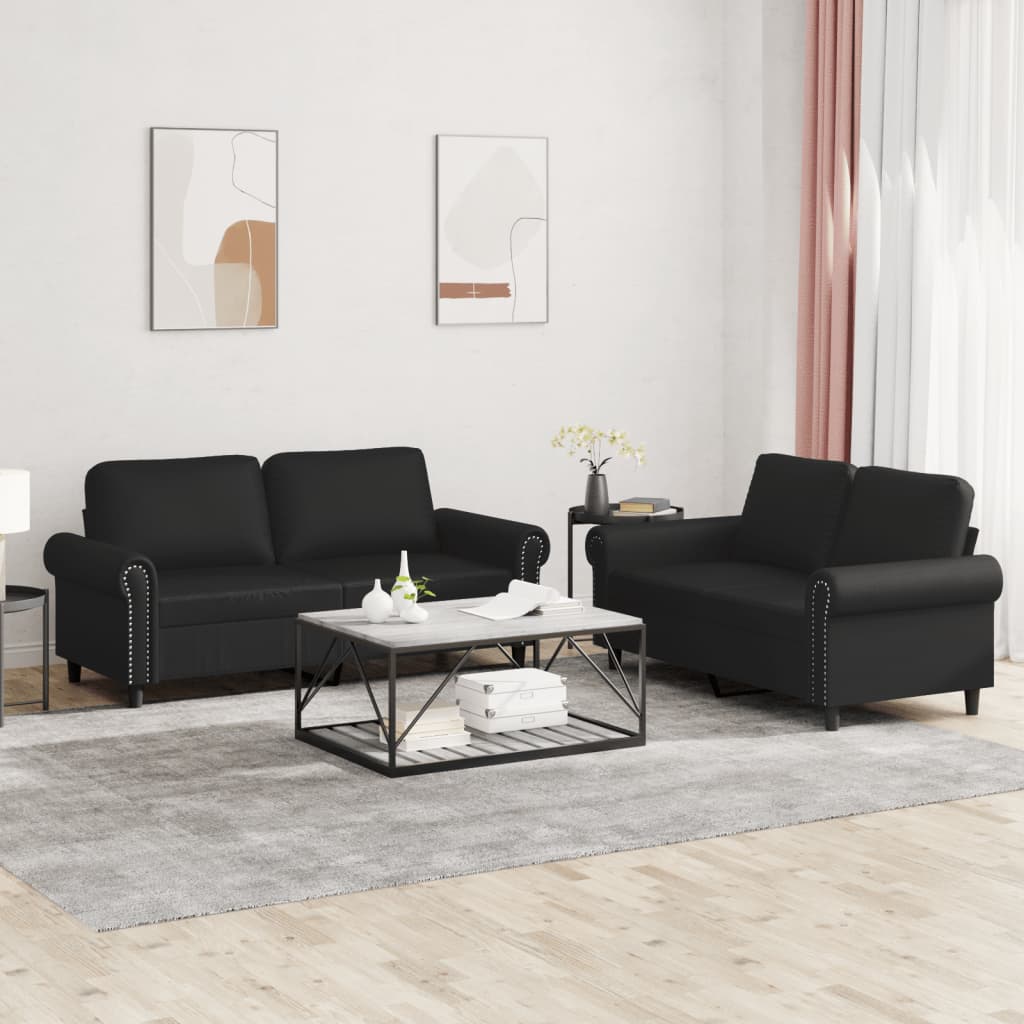 JUNG Vida 2-tlg. Sofagarnitur mit Kissen Schwarz Kunstleder