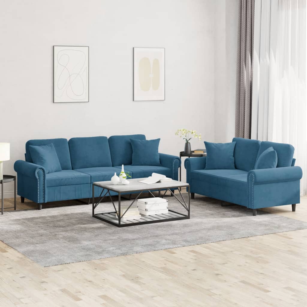 JUNG Vida 2-tlg. Sofagarnitur mit Kissen Blau Samt