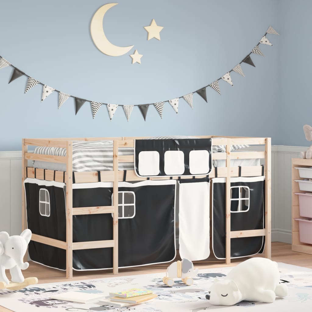 JUNG Vida Kinderhochbett mit Vorhängen Weiß und Schwarz Massivholz Kiefer