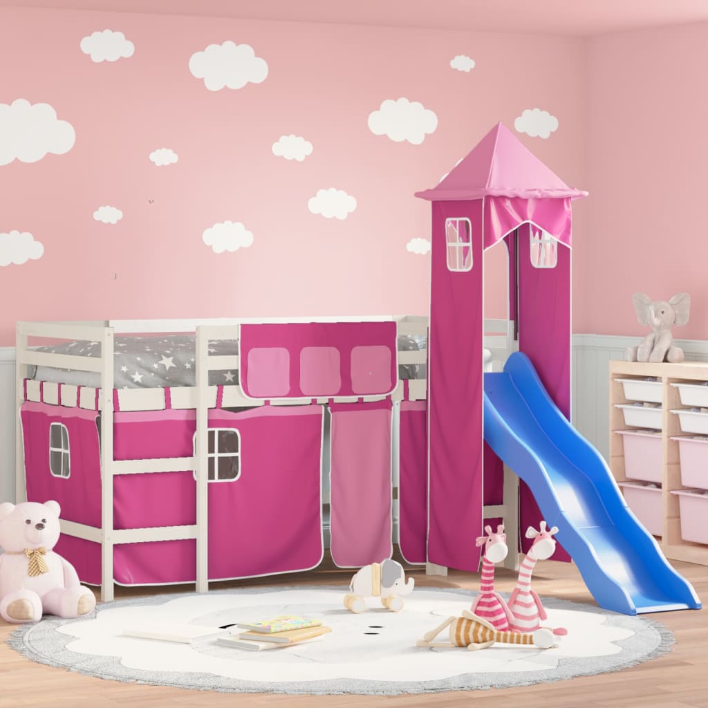 JUNG Vida Kinderhochbett mit Turm Rosa 80x200 cm Massivholz Kiefer