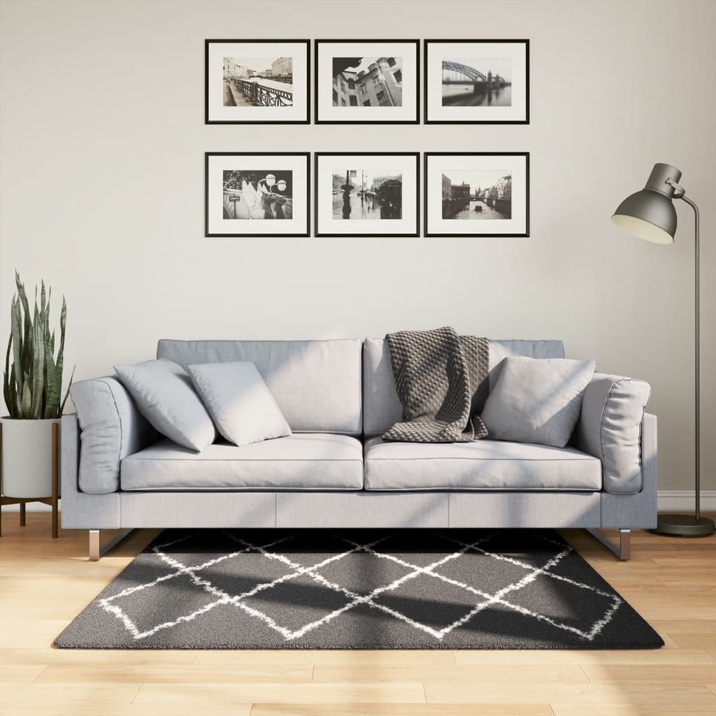 JUNG Vida Teppich Shaggy Hochflor Modern Schwarz und Creme 120x120 cm