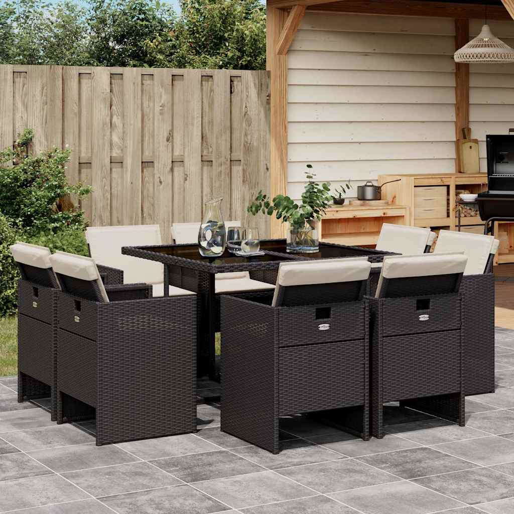 JUNG Vida 9-tlg. Garten-Essgruppe mit Kissen Schwarz Poly Rattan
