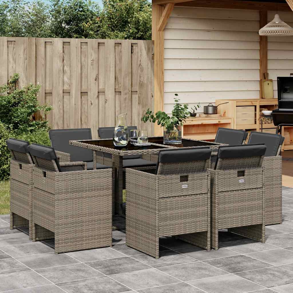 JUNG Vida 9-tlg. Garten-Essgruppe mit Kissen Grau Poly Rattan