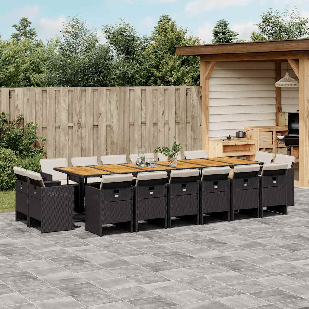 JUNG Vida 17-tlg. Garten-Essgruppe mit Kissen Schwarz Poly Rattan