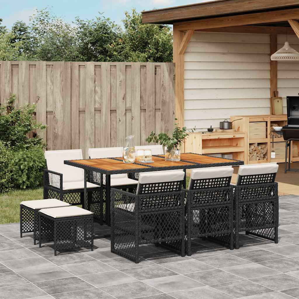 JUNG Vida 11-tlg. Garten-Essgruppe mit Kissen Schwarz Poly Rattan