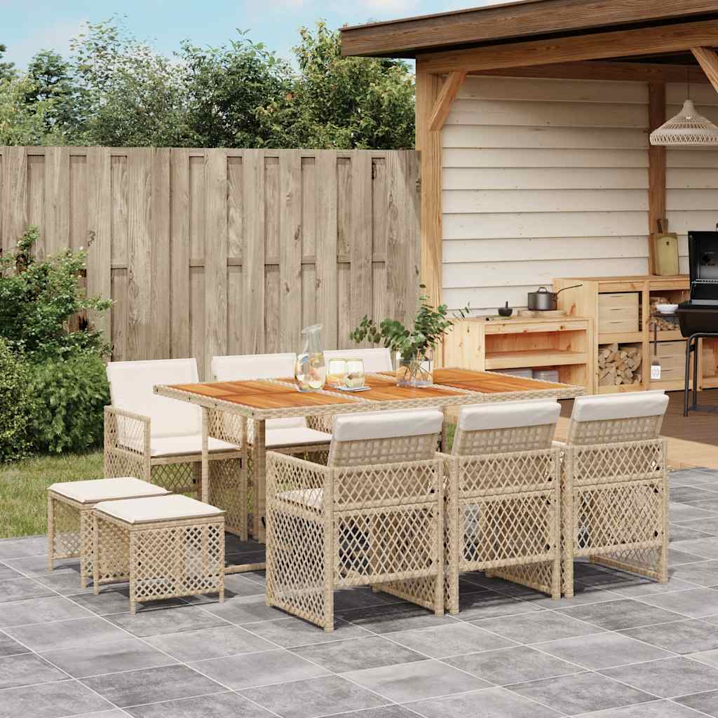 JUNG Vida 11-tlg. Garten-Essgruppe mit Kissen Beige Poly Rattan