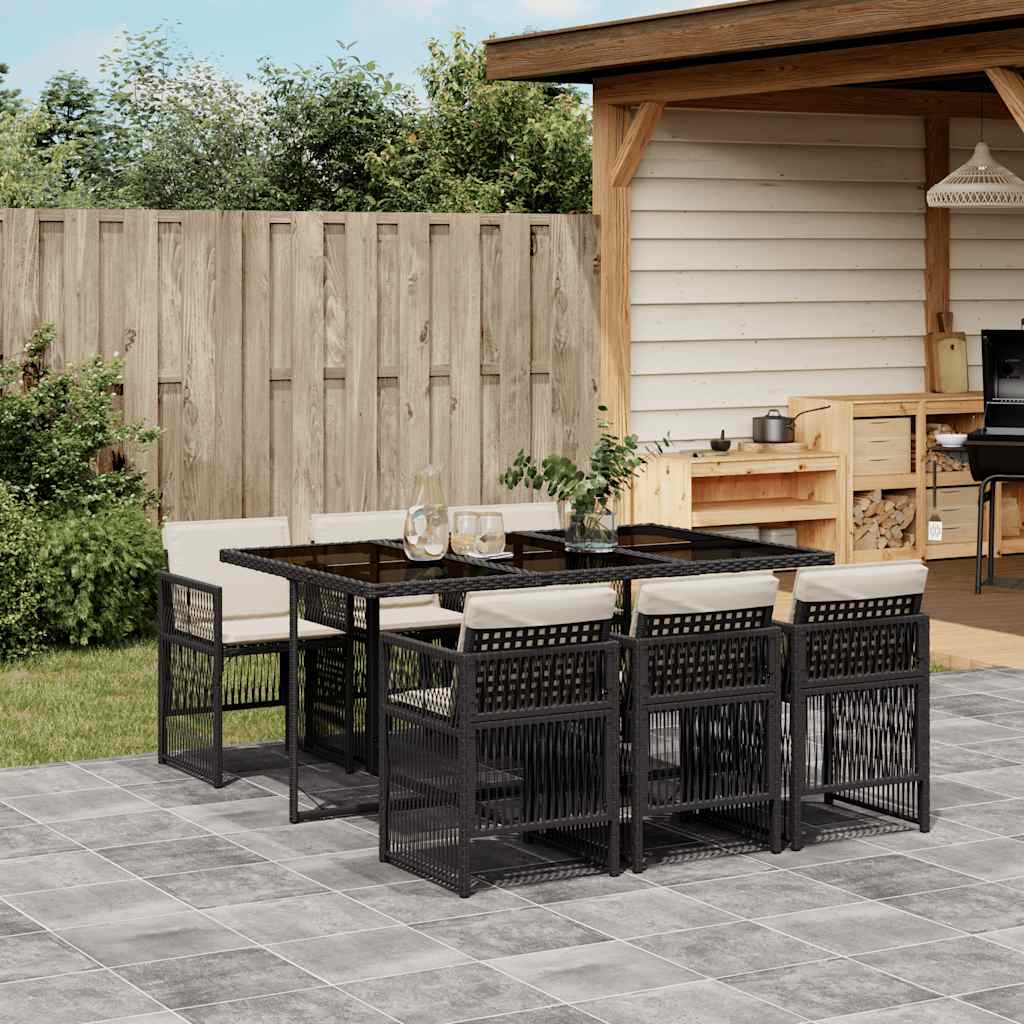 JUNG Vida 7-tlg. Garten-Essgruppe mit Kissen Schwarz Poly Rattan
