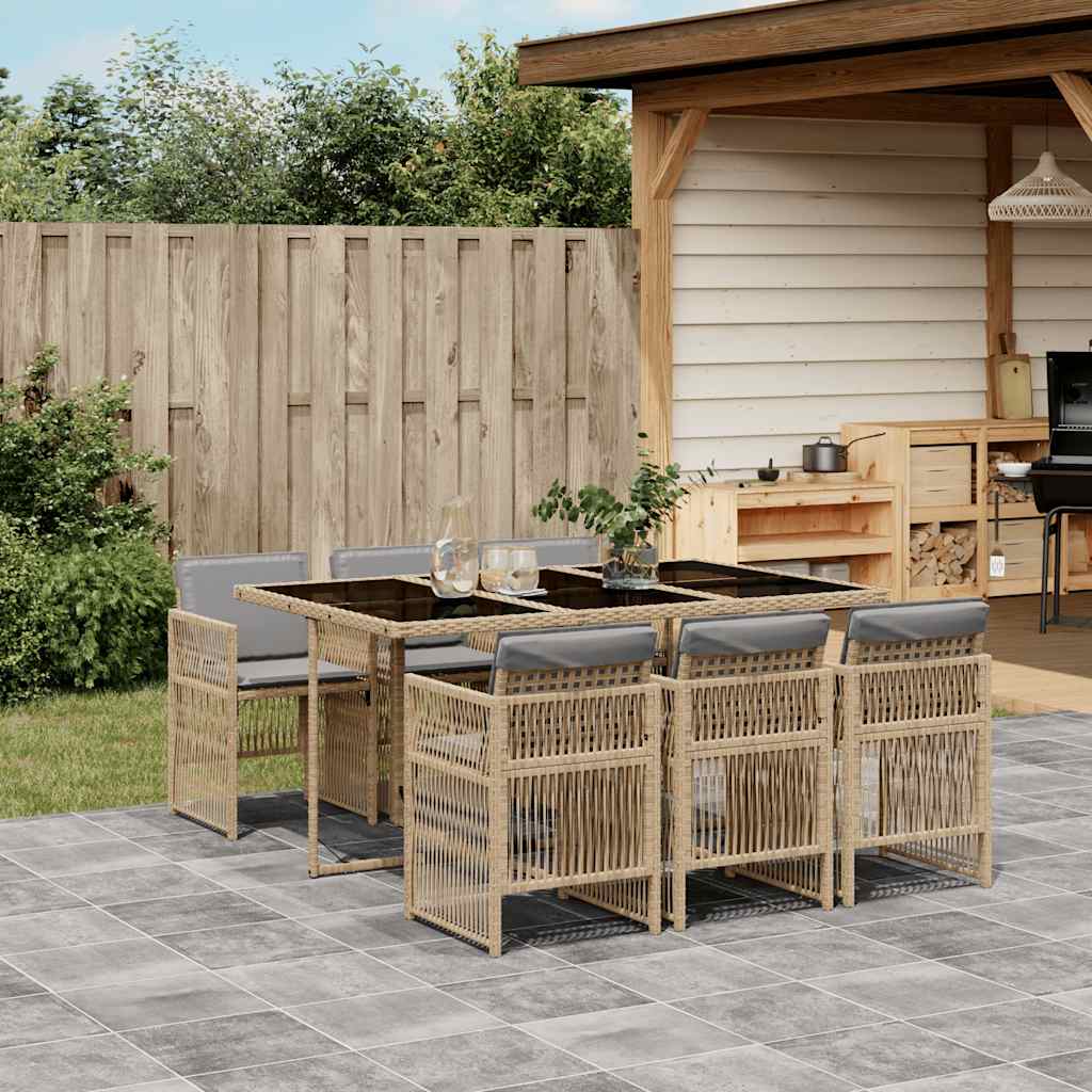 JUNG Vida 7-tlg. Garten-Essgruppe mit Kissen Beigemischung Poly Rattan