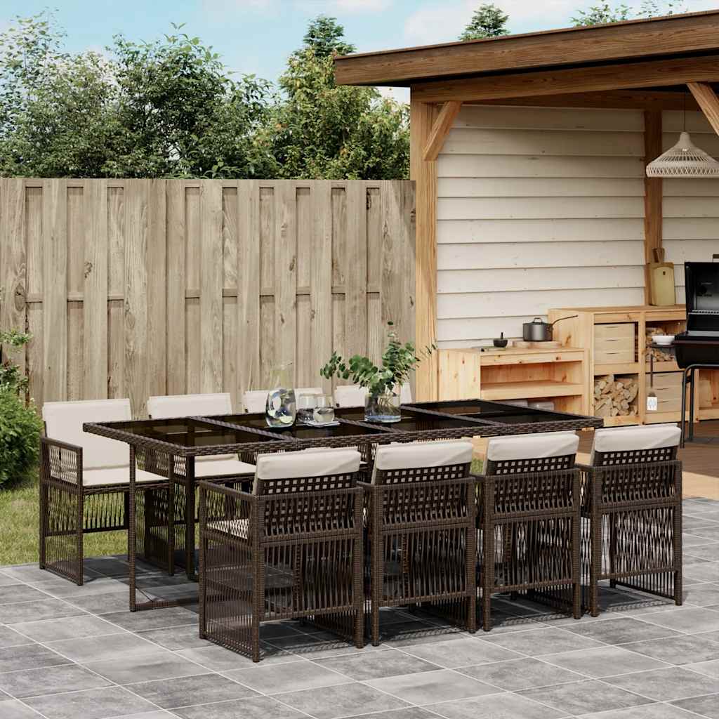 JUNG Vida 9-tlg. Garten-Essgruppe mit Kissen Braun Poly Rattan