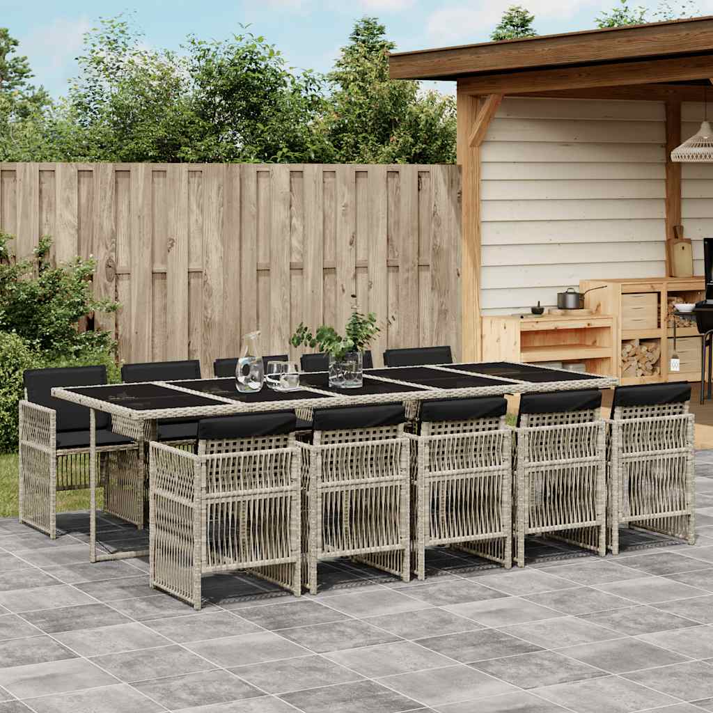 JUNG Vida 11-tlg. Garten-Essgruppe mit Kissen Hellgrau Poly Rattan