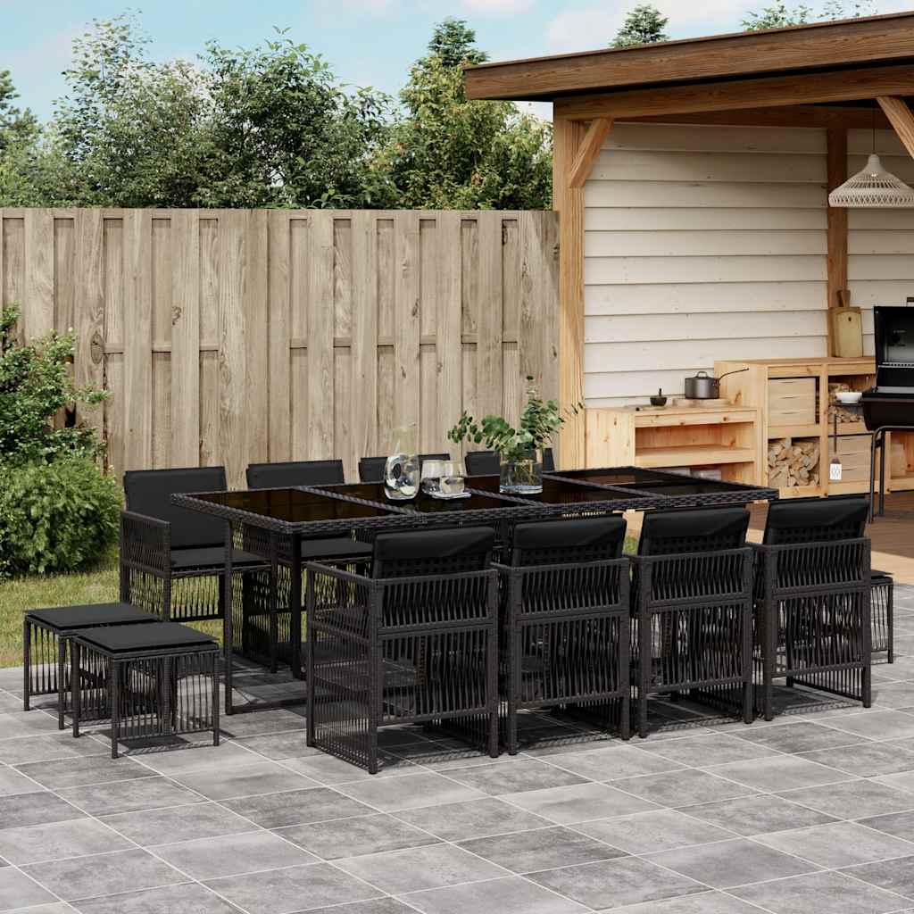 JUNG Vida 13-tlg. Garten-Essgruppe mit Kissen Schwarz Poly Rattan