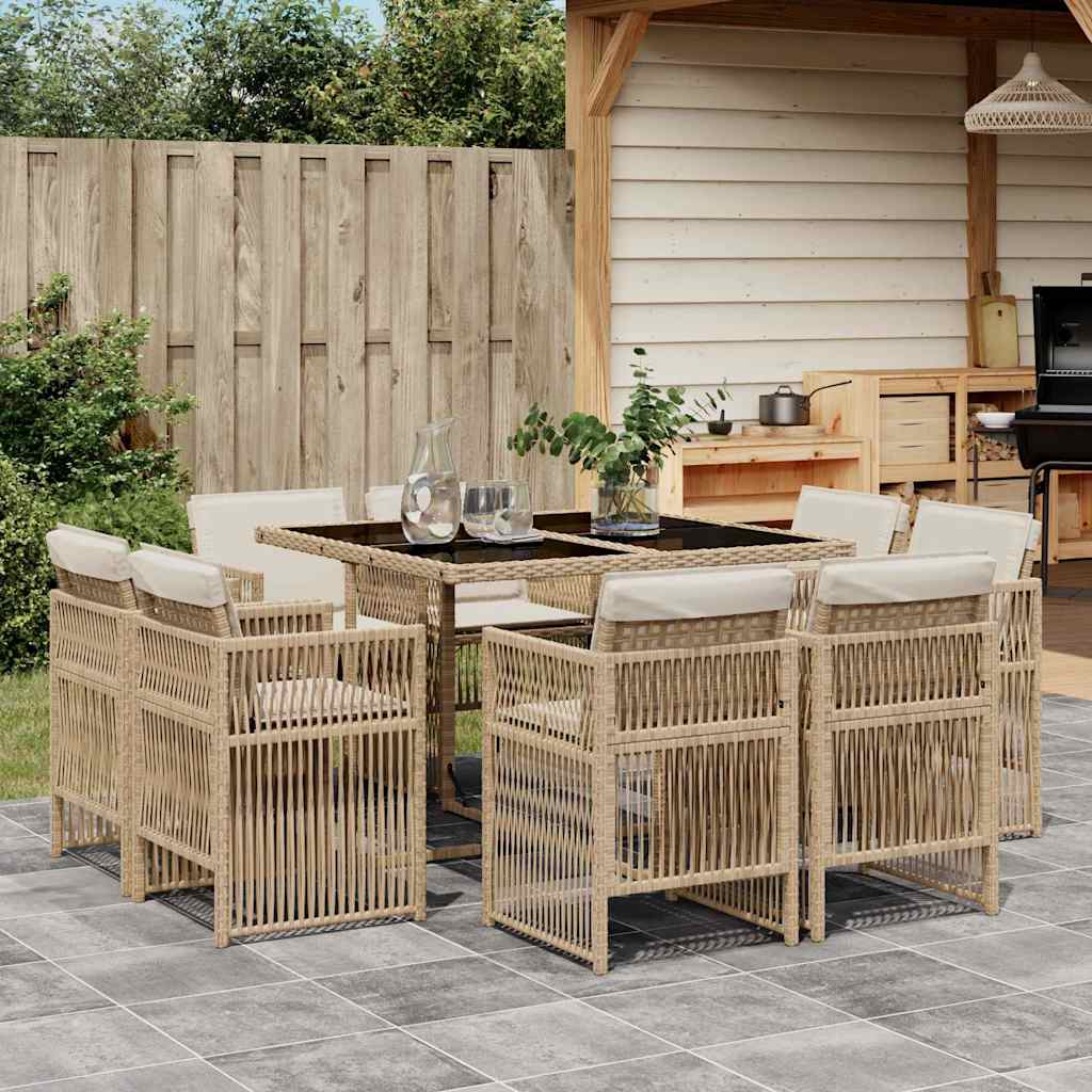 JUNG Vida 9-tlg. Garten-Essgruppe mit Kissen Beige Poly Rattan