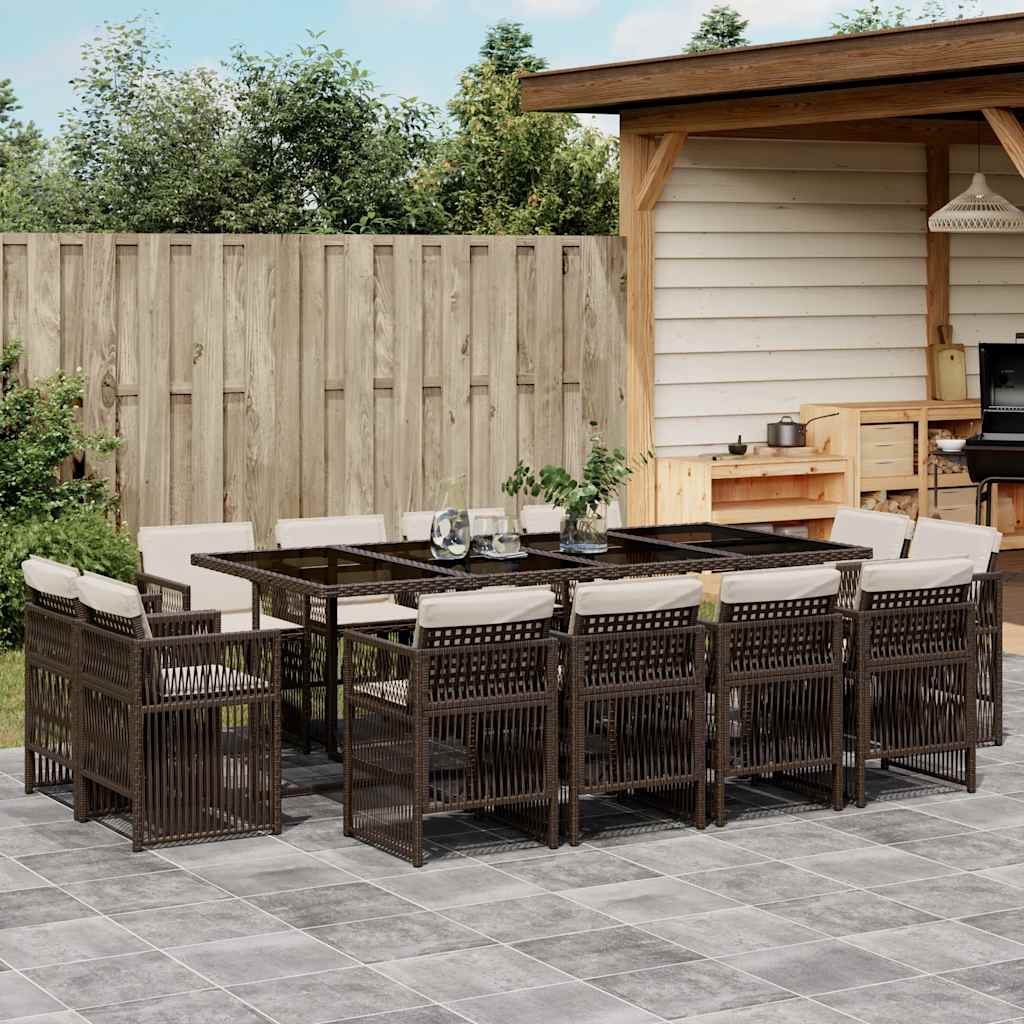 JUNG Vida 13-tlg. Garten-Essgruppe mit Kissen Braun Poly Rattan