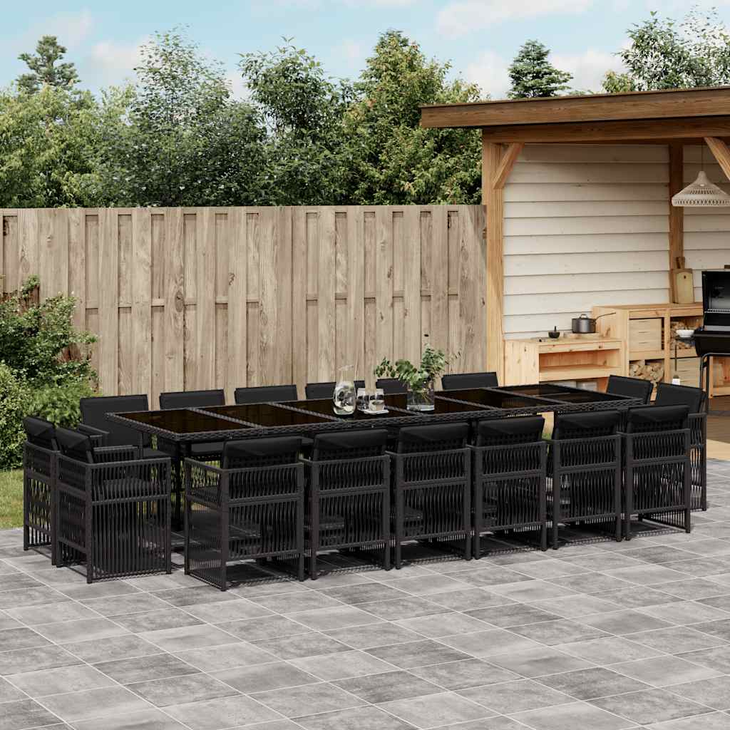 JUNG Vida 17-tlg. Garten-Essgruppe mit Kissen Schwarz Poly Rattan