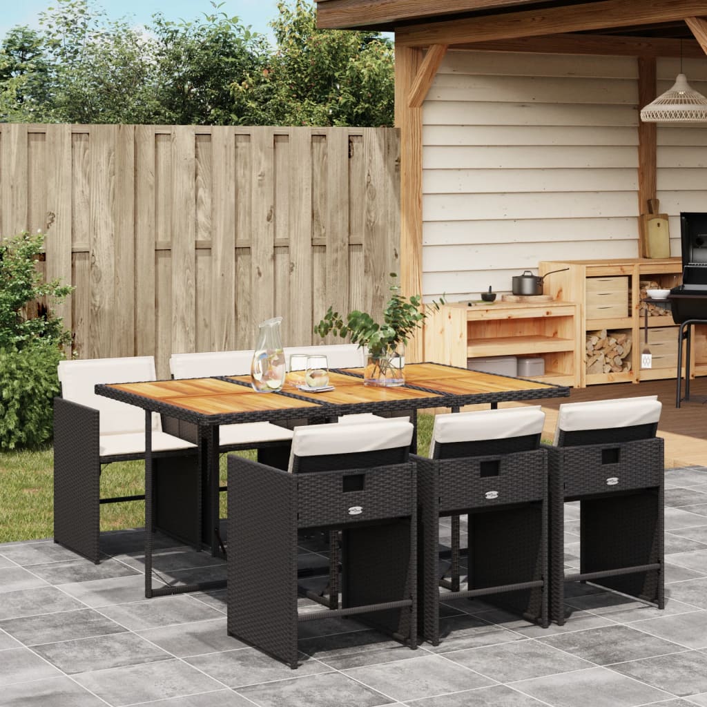 JUNG Vida 7-tlg. Garten-Essgruppe mit Kissen Schwarz Poly Rattan