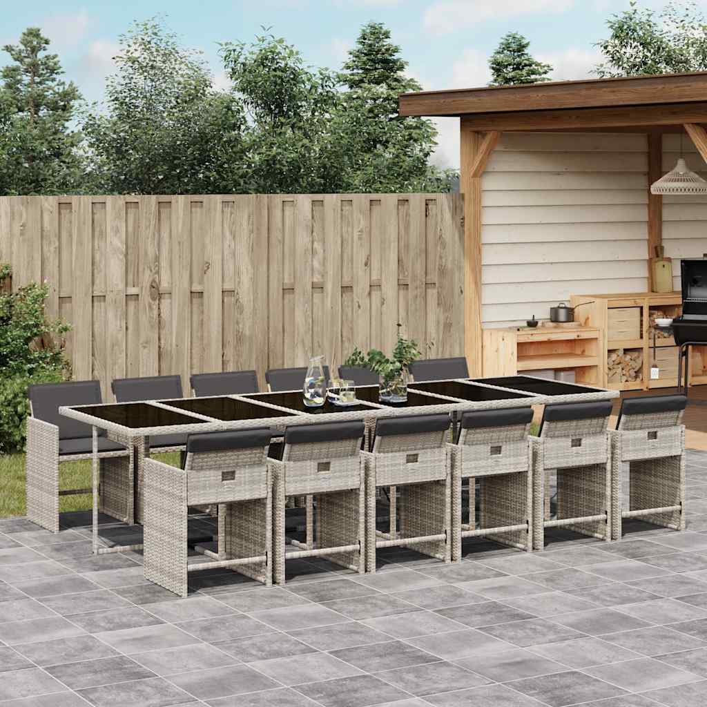 JUNG Vida 13-tlg. Garten-Essgruppe mit Kissen Hellgrau Poly Rattan
