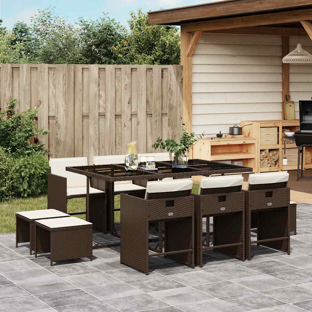 JUNG Vida 11-tlg. Garten-Essgruppe mit Kissen Braun Poly Rattan
