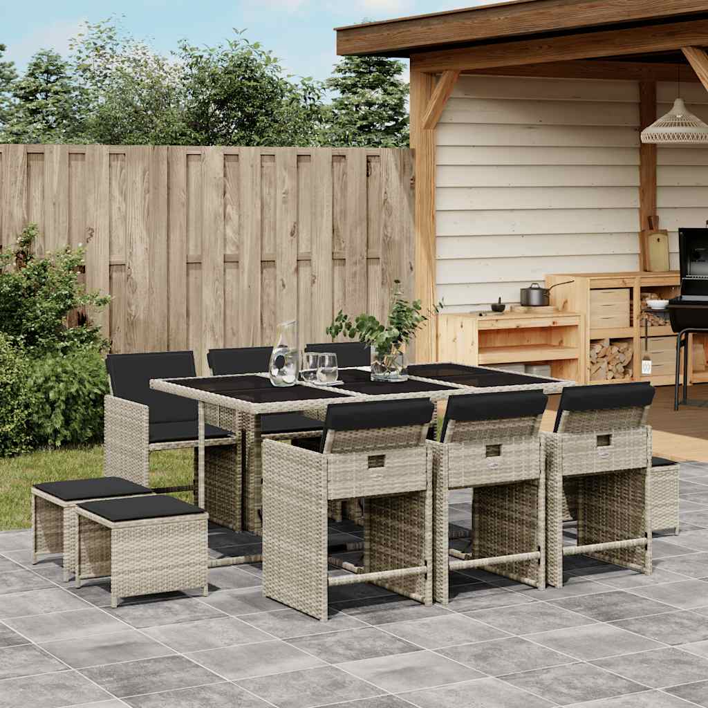 JUNG Vida 11-tlg. Garten-Essgruppe mit Kissen Hellgrau Poly Rattan