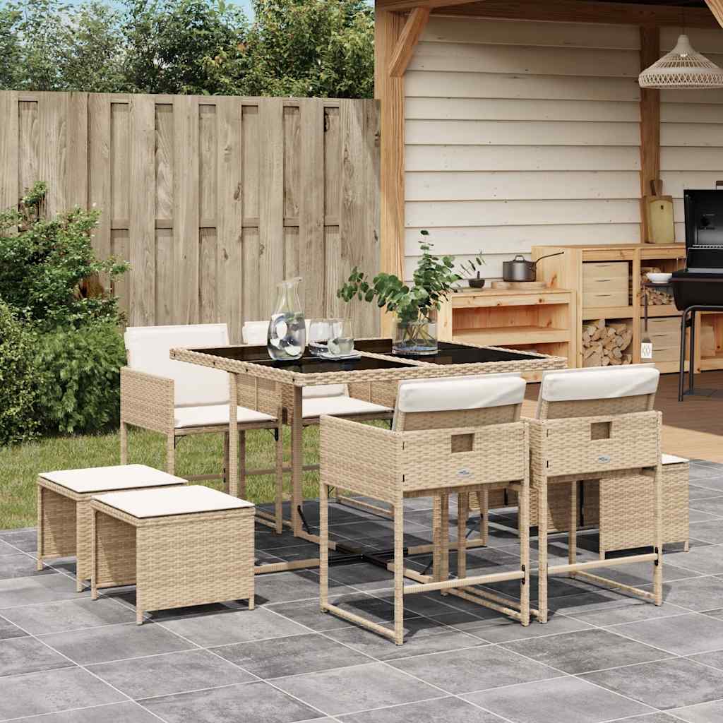 JUNG Vida 9-tlg. Garten-Essgruppe mit Kissen Beige Poly Rattan