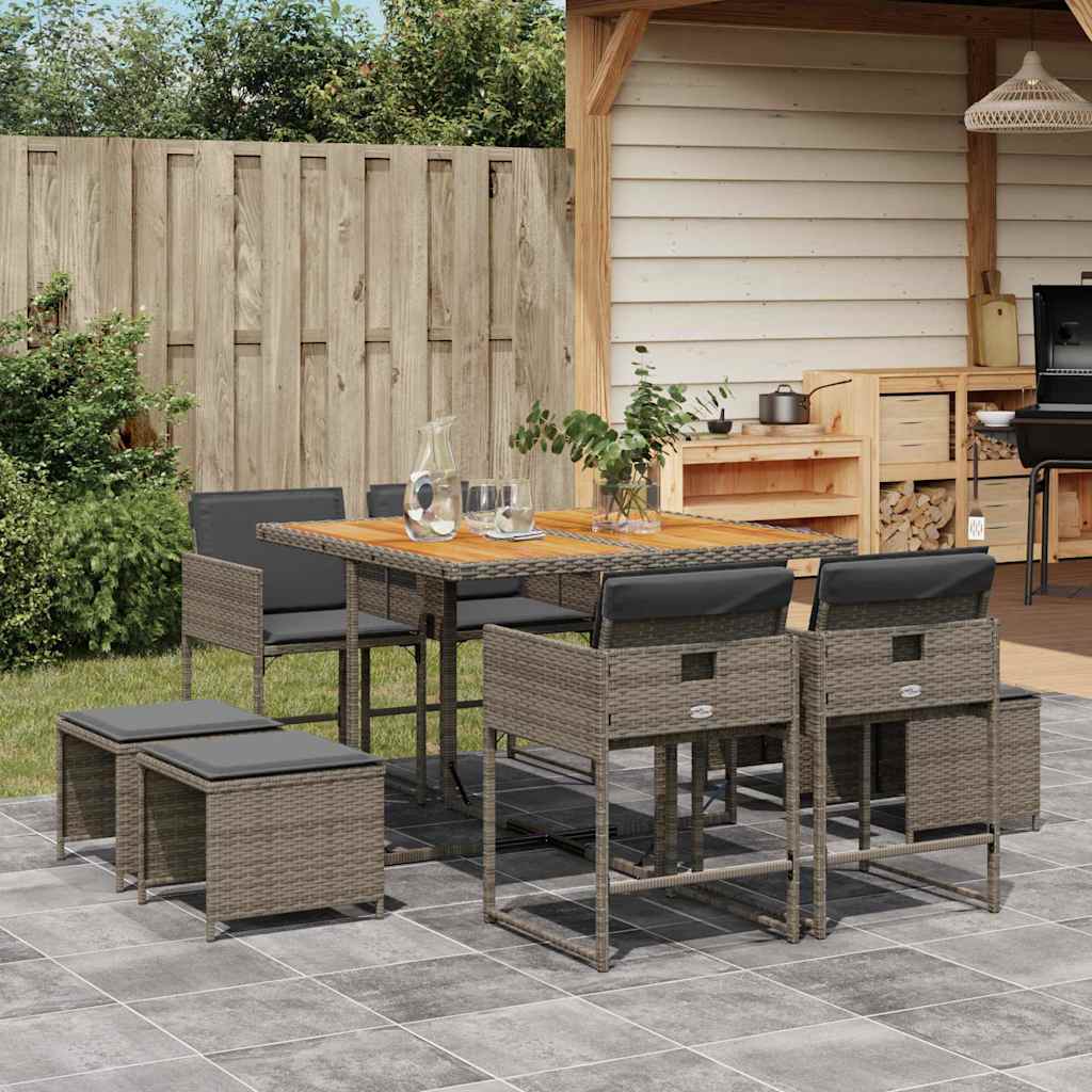 JUNG Vida 9-tlg. Garten-Essgruppe mit Kissen Grau Poly Rattan