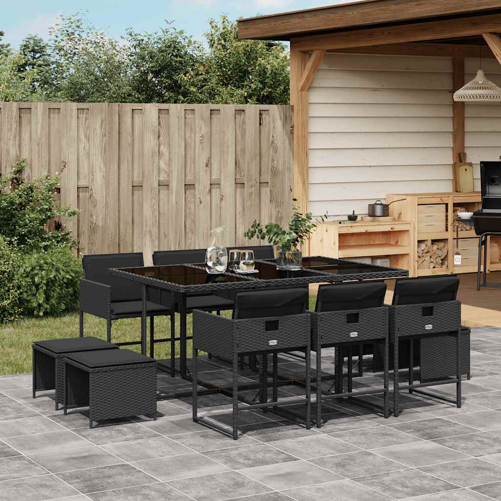 JUNG Vida 11-tlg. Garten-Essgruppe mit Kissen Schwarz Poly Rattan