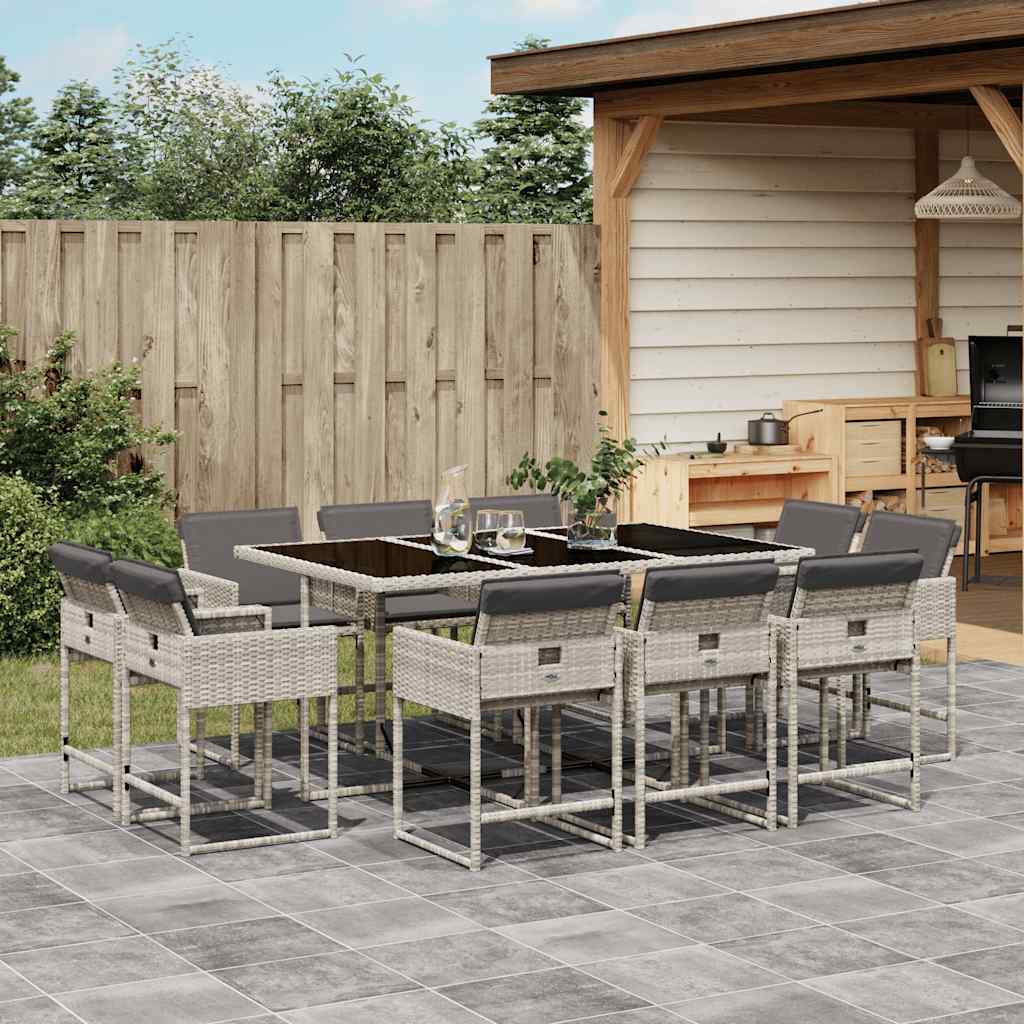 JUNG Vida 11-tlg. Garten-Essgruppe mit Kissen Hellgrau Poly Rattan