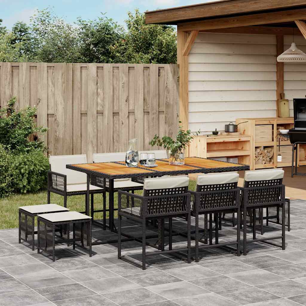JUNG Vida 11-tlg. Garten-Essgruppe mit Kissen Schwarz Poly Rattan