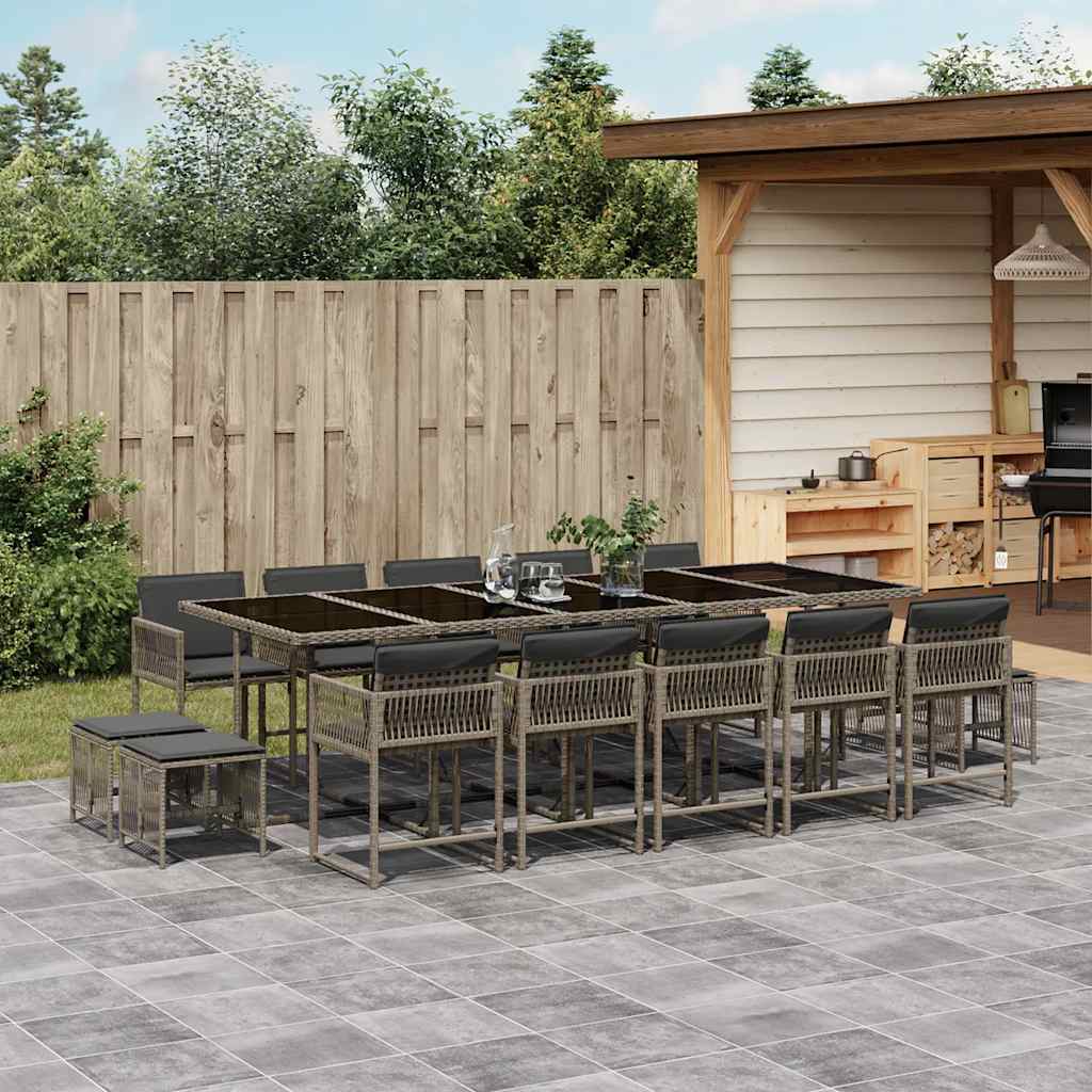 JUNG Vida 15-tlg. Garten-Essgruppe mit Kissen Grau Poly Rattan