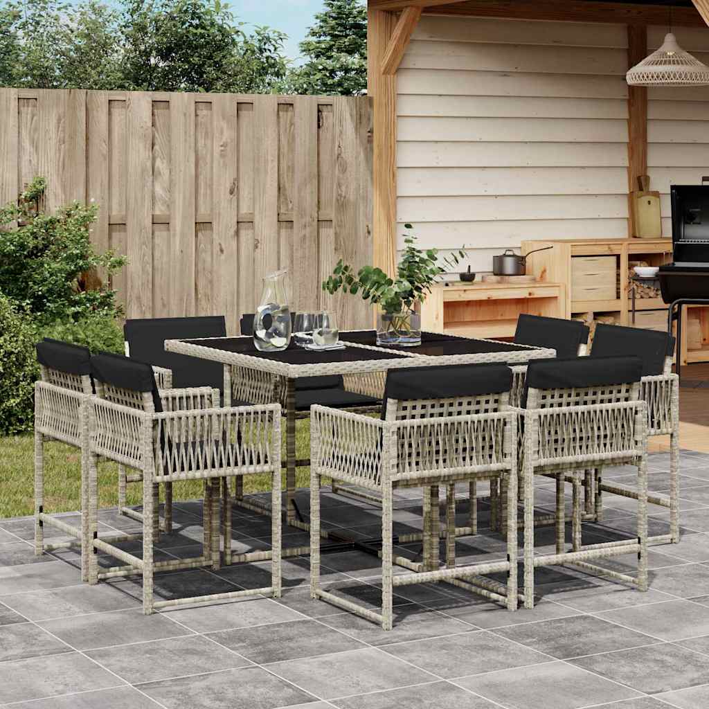 JUNG Vida 9-tlg. Garten-Essgruppe mit Kissen Hellgrau Poly Rattan