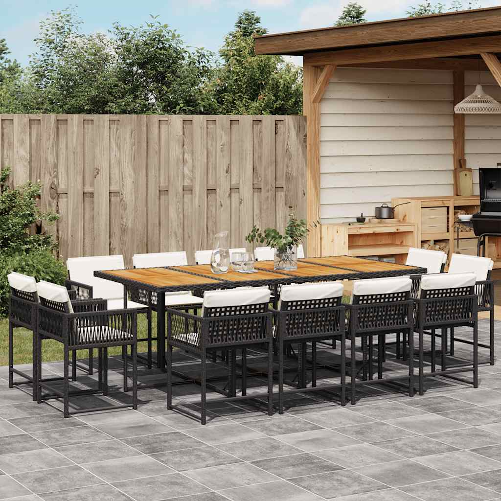 JUNG Vida 13-tlg. Garten-Essgruppe mit Kissen Schwarz Poly Rattan