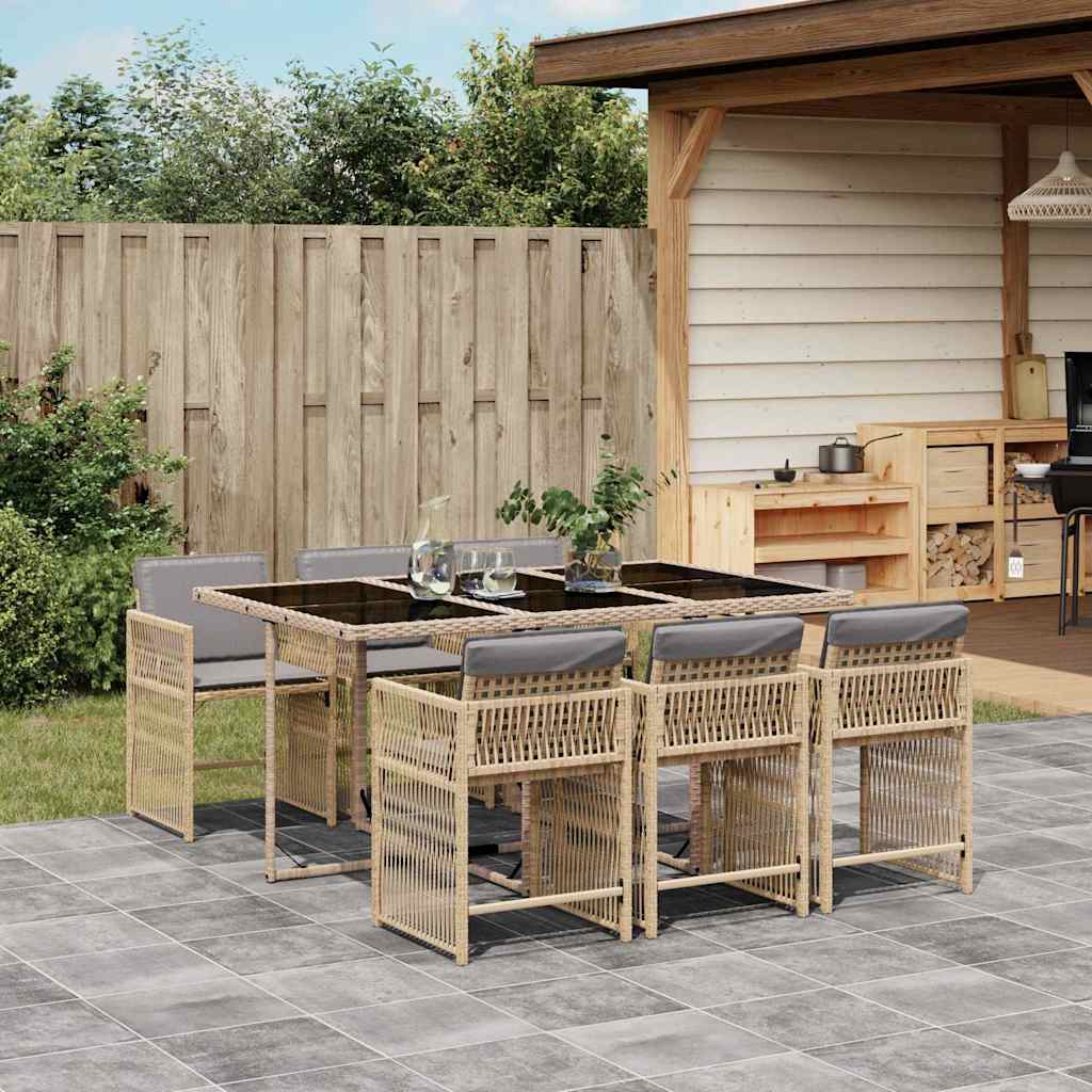 JUNG Vida 7-tlg. Garten-Essgruppe mit Kissen Beigemischung Poly Rattan