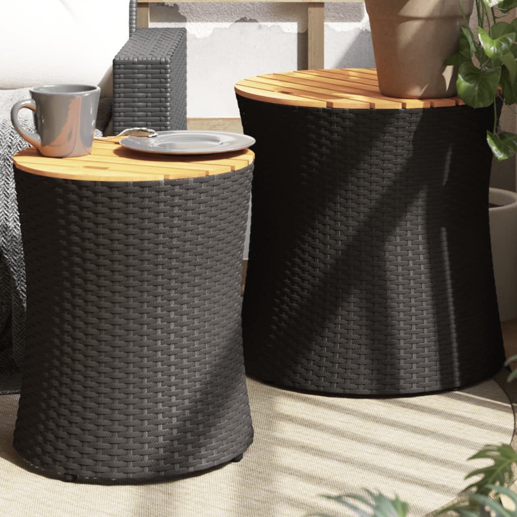 JUNG Vida Garten-Beistelltische 2 Stk. mit Holzplatte Schwarz Poly Rattan