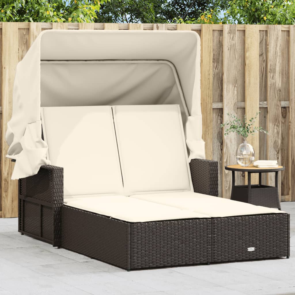 JUNG Vida Doppel-Sonnenliege mit Dach und Auflagen Braun Poly Rattan