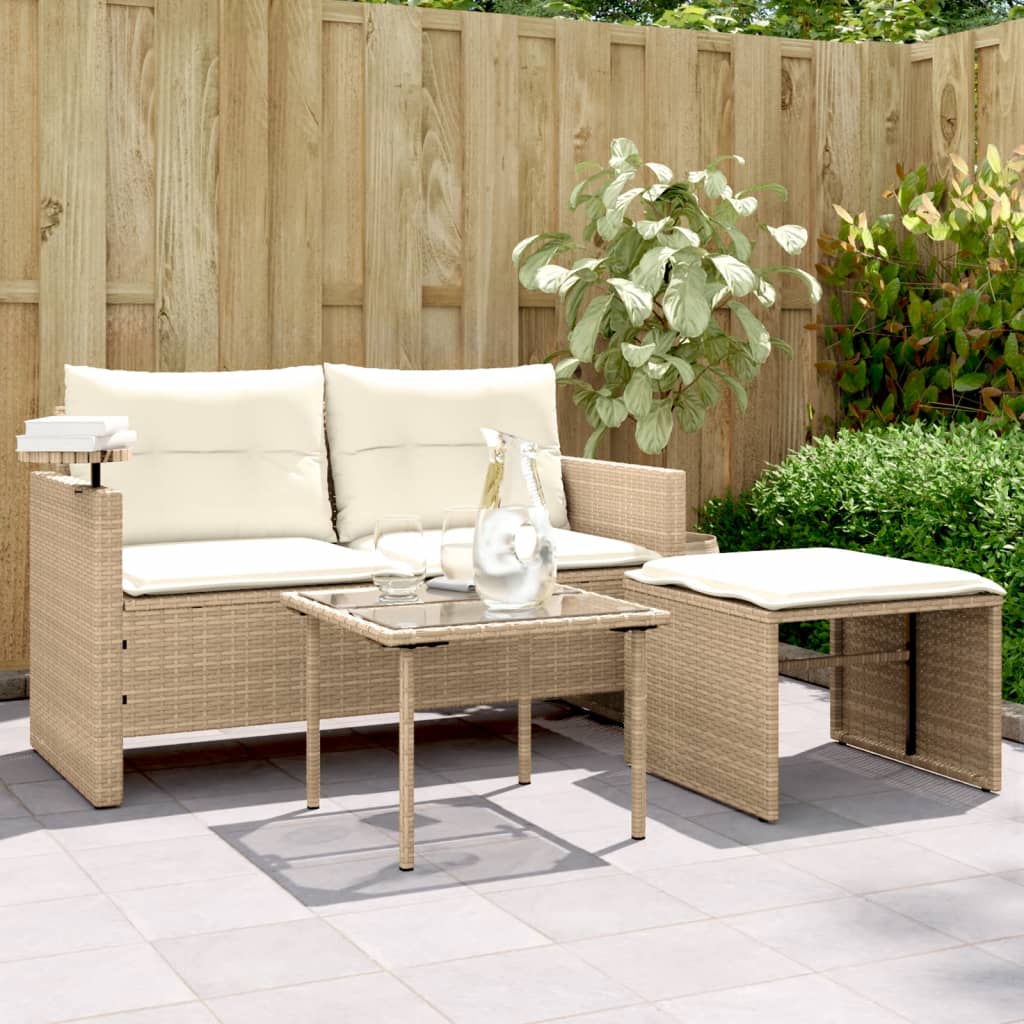 JUNG Vida 3-tlg. Garten-Sofagarnitur mit Kissen Beige Poly Rattan