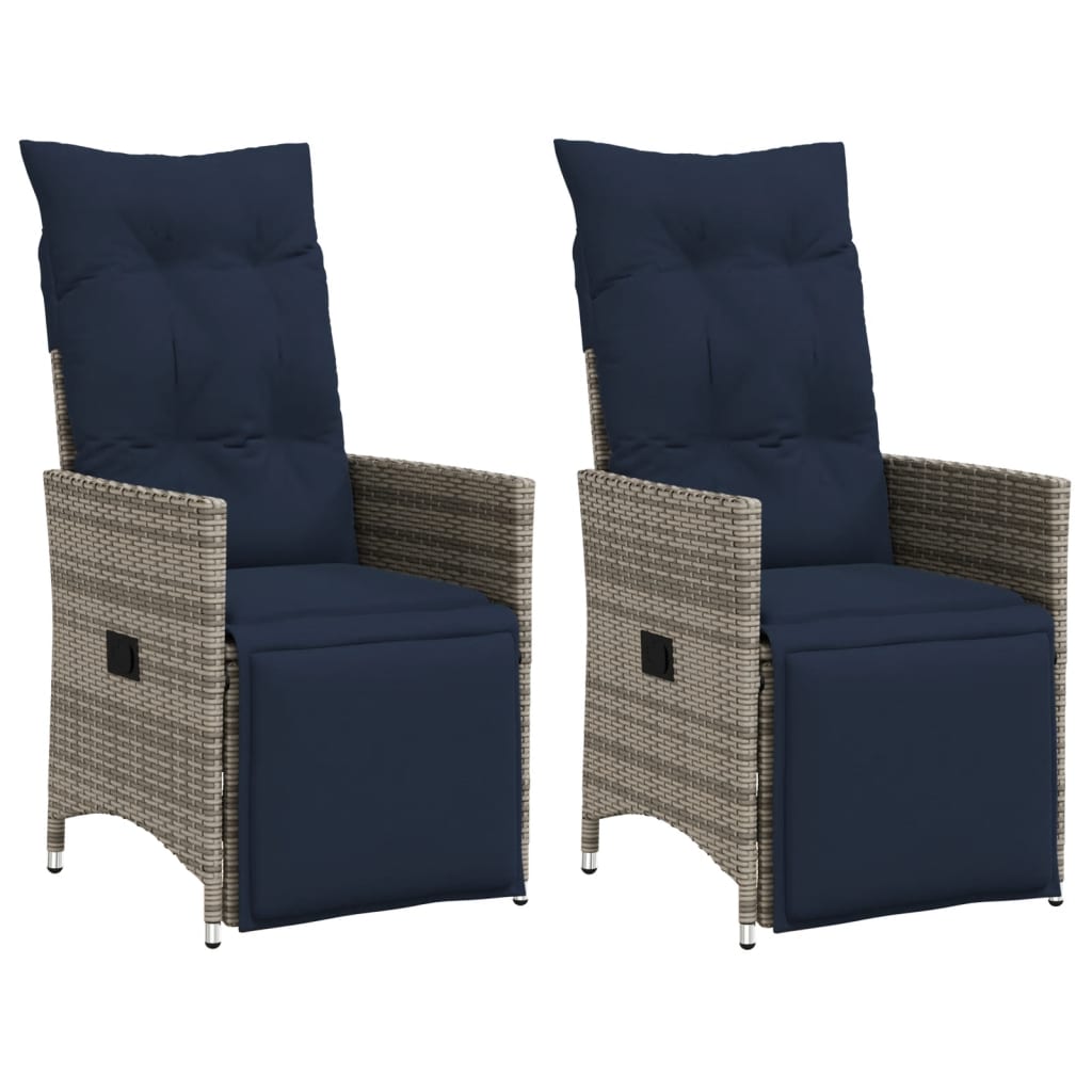 JUNG Vida Gartenstühle Verstellbar 2 Stk. mit Kissen Grau Poly Rattan