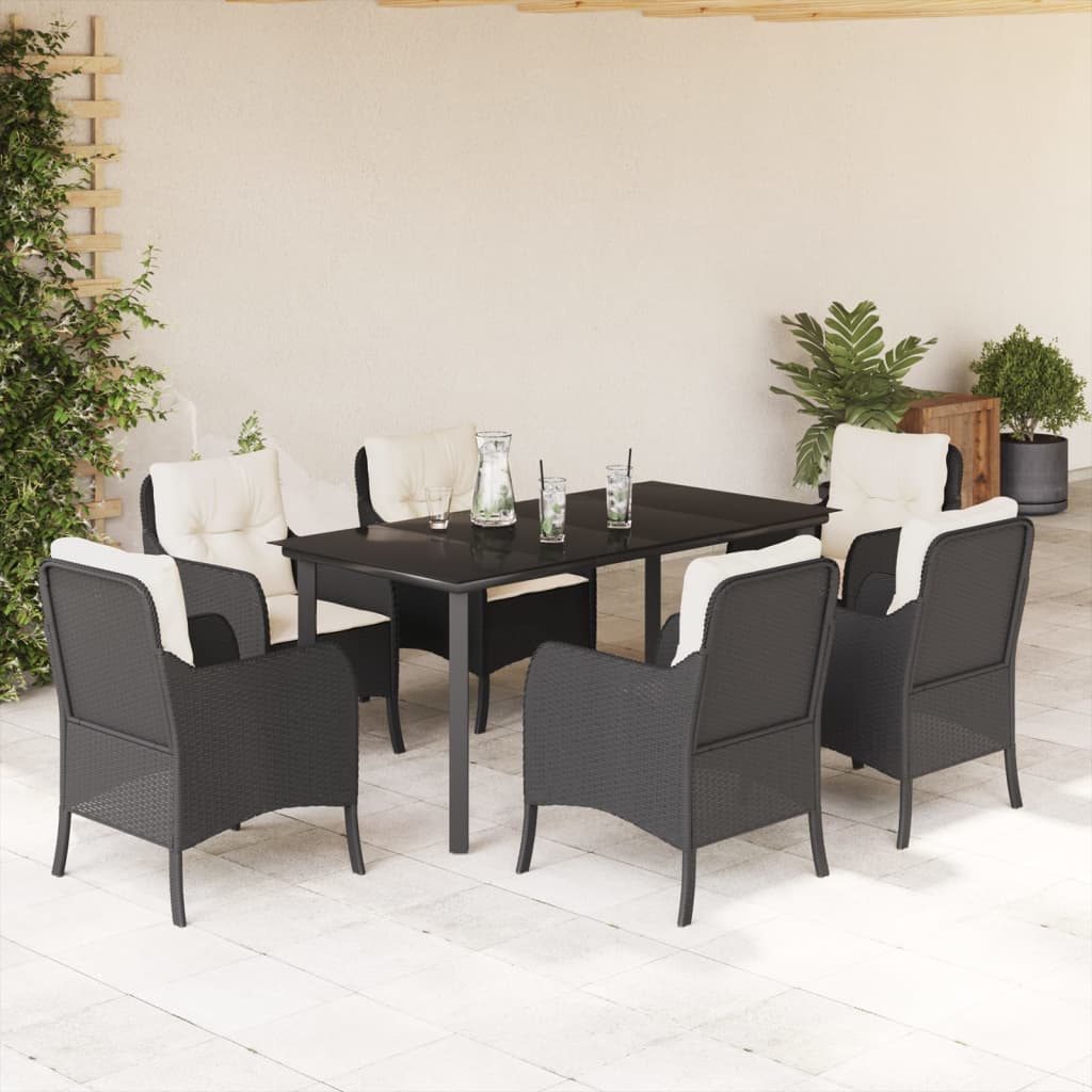 JUNG Vida 7-tlg. Garten-Essgruppe mit Kissen Schwarz Poly Rattan
